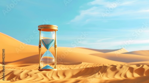 Hourglass clock on sand of desert background