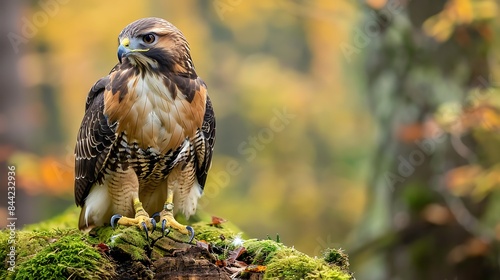 Sitting red tailed hawk buteo jamaicensis with nice background