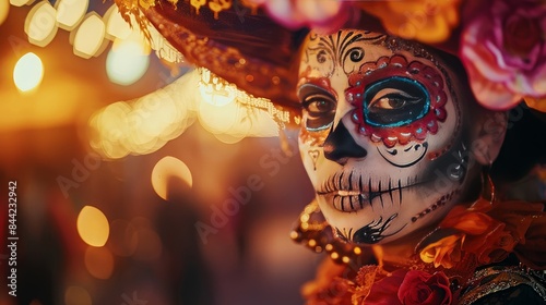 Close-up of a woman wearing elaborate Day of the Dead makeup and a floral headpiece during a nighttime celebration with festive lights. photo