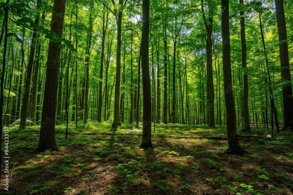 Peaceful green forest with tall trees creating a beautiful natural canopy. Sunlight streaming through, casting shadows on the forest floor. Peaceful green forest with tall trees creating a beautiful natural canopy. Sunlight streaming through, casting shadows on the forest floor.