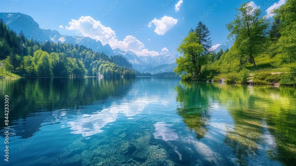 Serene mountain lake with crystal clear water, surrounded by lush greenery and majestic peaks reflecting under a bright blue sky.