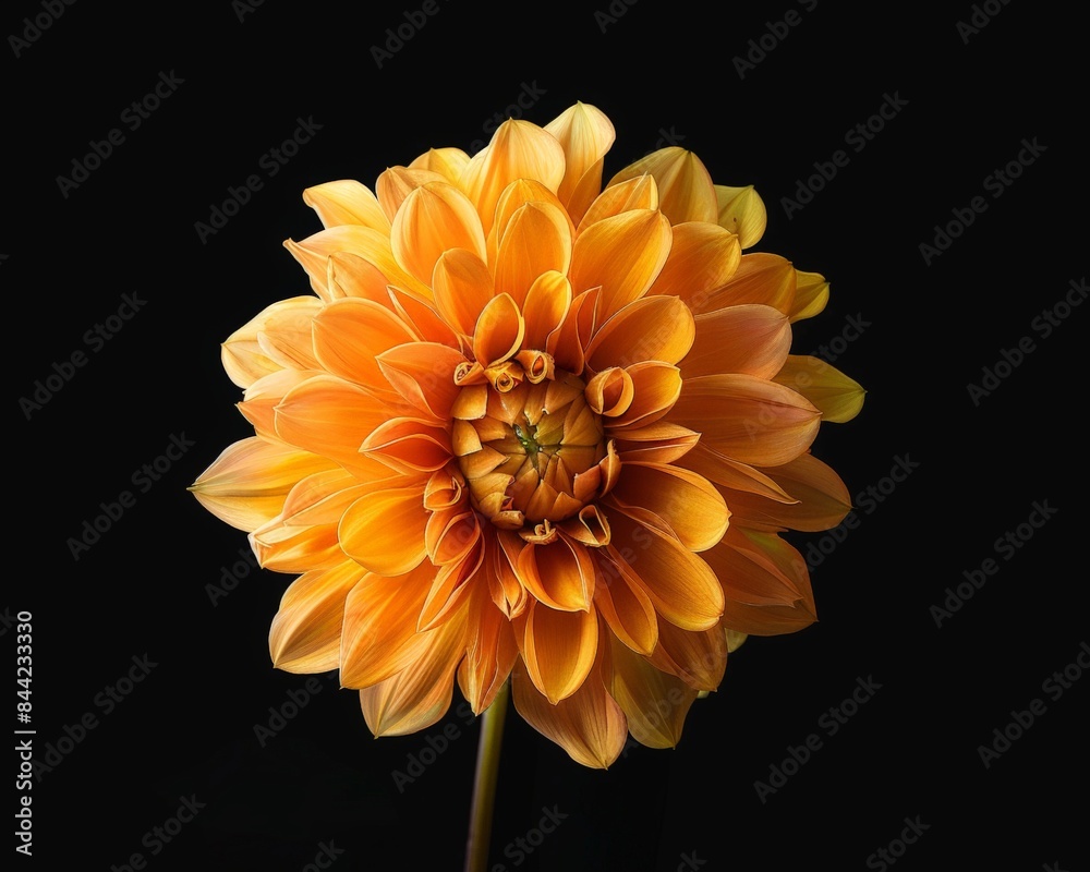 Stunning close-up of a single yellow-orange dahlia flower against a black background, highlighting its detailed petals and vibrant colors. Stunning close-up of a single yellow-orange dahlia flower against a black background, highlighting its detailed petals and vibrant colors.