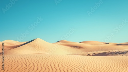 Stunning desert landscape under a clear blue sky  featuring sand dunes and ripples in the sand  perfect for nature and travel themed designs.