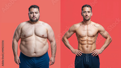A man poses before and after weight loss. Diet and healthy nutrition. Fitness results, get fit. Liposuction results, plastic surgery. Transformation from fat to athlete. Overweight and slim, training