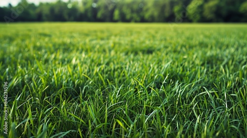 A lush green grassy field on a sunny day, with trees in the background. Perfect for nature, outdoor, and countryside themes.