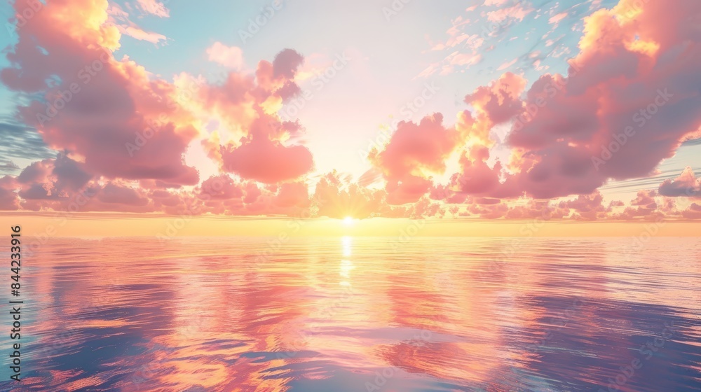 Fototapeta premium Breathtaking sunrise over calm ocean waters with vibrant pink and orange clouds reflecting in the serene sea, creating a tranquil atmosphere.