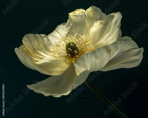 Close-up of a delicate cream-colored flower in full bloom against a dark background, showcasing its detailed petals and stamen.
