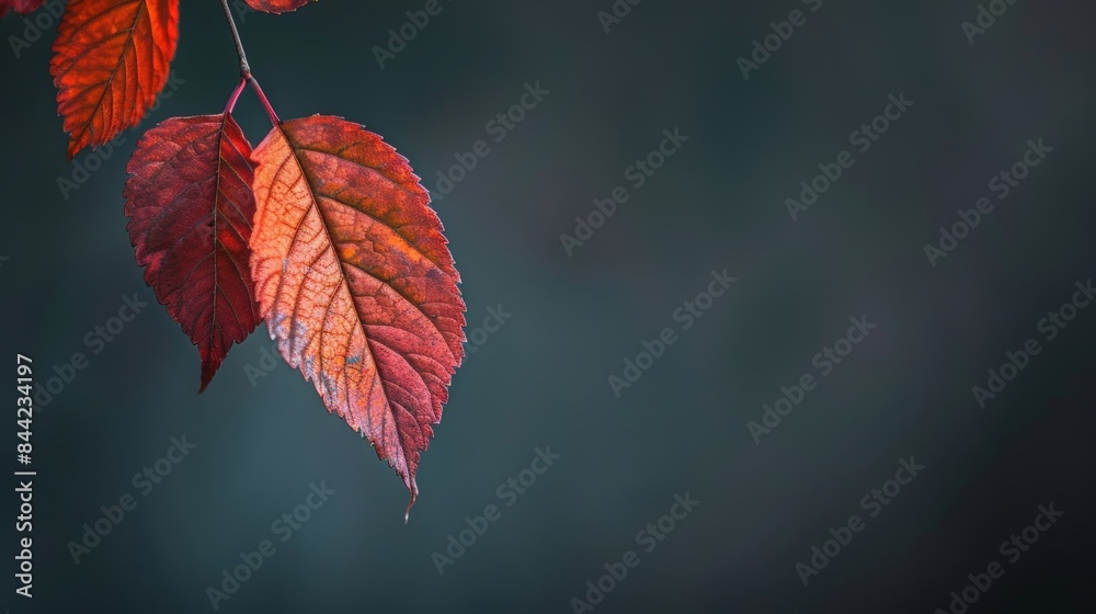 Close-up of vibrant red leaves against a dark, blurred background capturing the beauty of autumn foliage in a serene and natural setting. Close-up of vibrant red leaves against a dark, blurred background capturing the beauty of autumn foliage in a serene and natural setting.