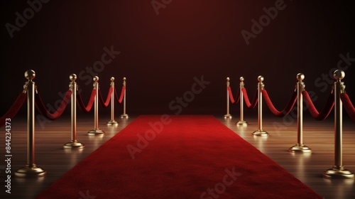 Elegant red carpet event setup with velvet ropes and golden stanchions under spotlight in a luxurious setting, perfect for celebrity and VIP occasions.