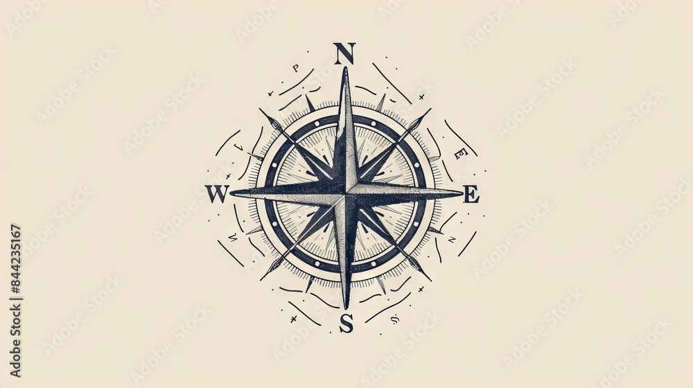 Simple line art of a compass rose with intricate details, symbolizing direction and guidance.