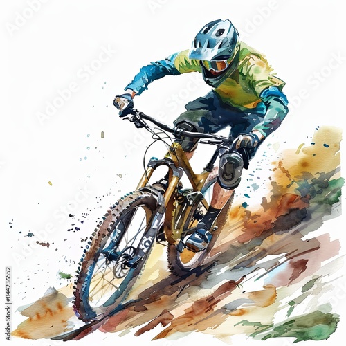 A mountain biker in action watercolor clipart illustration on white background
