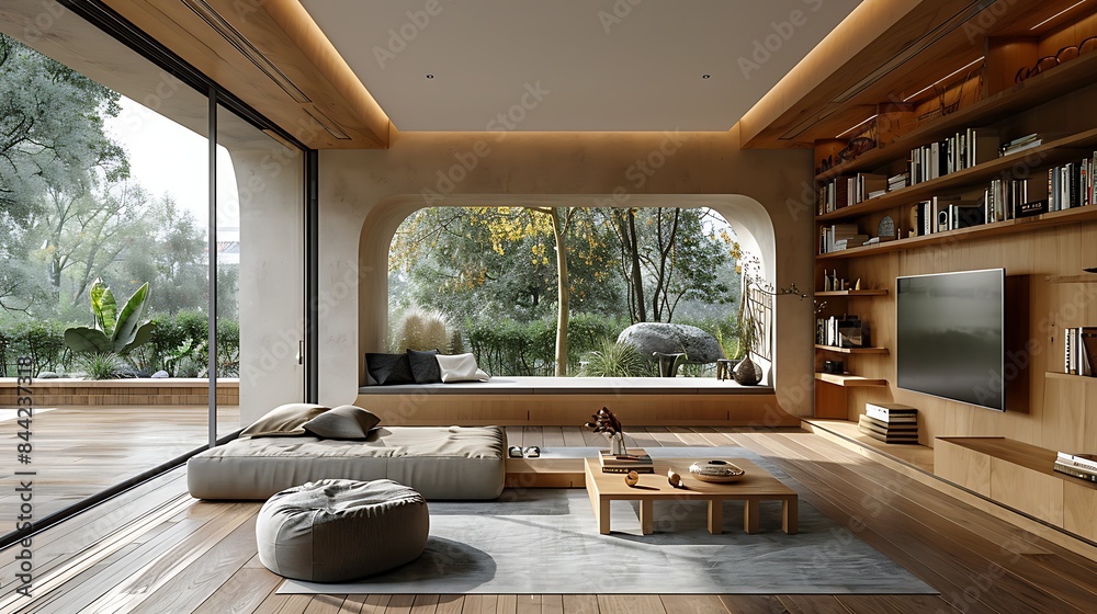 Modern and minimalist living room with a large porthole window overlooking a tranquil garden, featuring earth-tone furnishings and a serene ambiance. Modern and minimalist living room with a large porthole window overlooking a tranquil garden, featuring earth-tone furnishings and a serene ambiance.