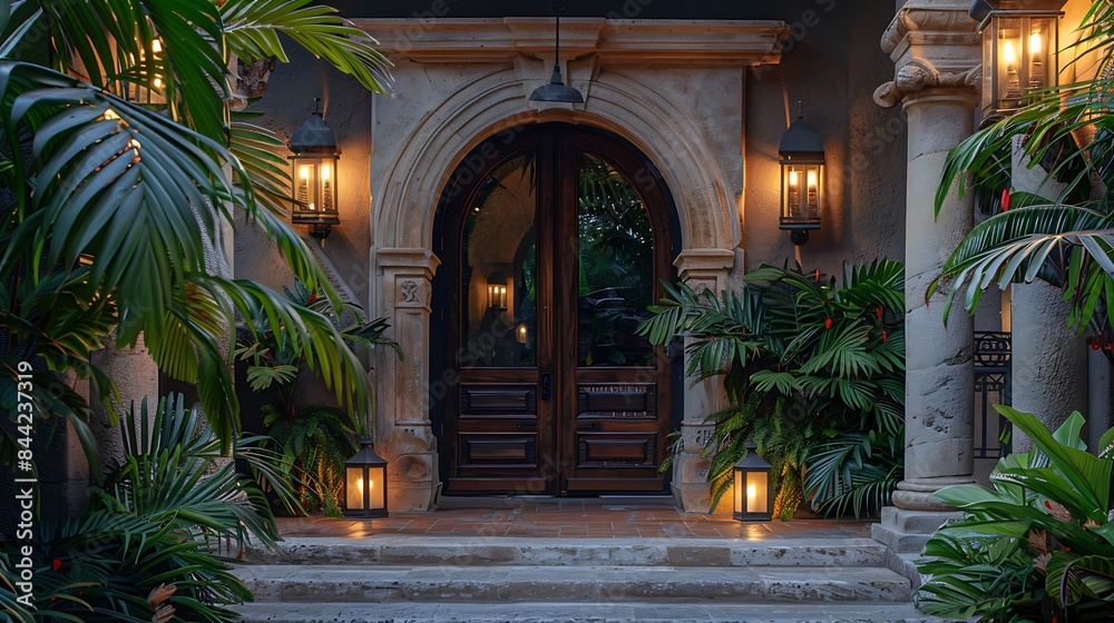 Fototapeta premium Opulent entrance to a luxury spa retreat with a grand staircase, marble flooring, a large crystal chandelier and a beautiful archway.$