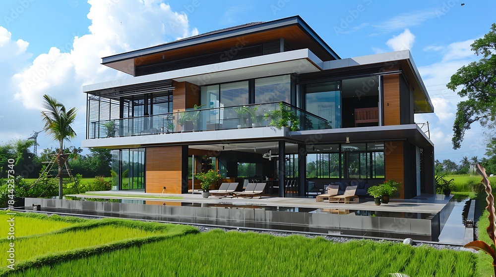 Modern two-story house with large windows and a balcony, overlooking a lush green lawn under a blue sky with clouds. Modern two-story house with large windows and a balcony, overlooking a lush green lawn under a blue sky with clouds.