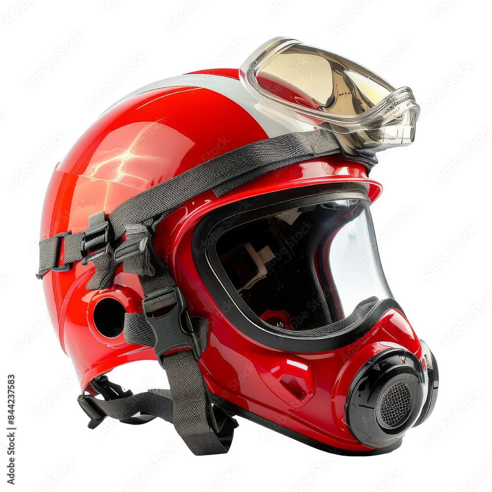 A red firefighter helmet with an attached mask and goggles, isolated white background, transparent background. A red firefighter helmet with an attached mask and goggles, isolated white background, transparent background.