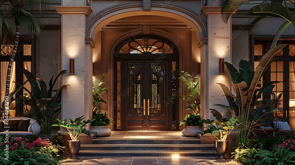Elegant home entrance illuminated at twilight with lush greenery and sophisticated decor, designed to welcome in luxury and comfort. Elegant home entrance illuminated at twilight with lush greenery and sophisticated decor, designed to welcome in luxury and comfort.
