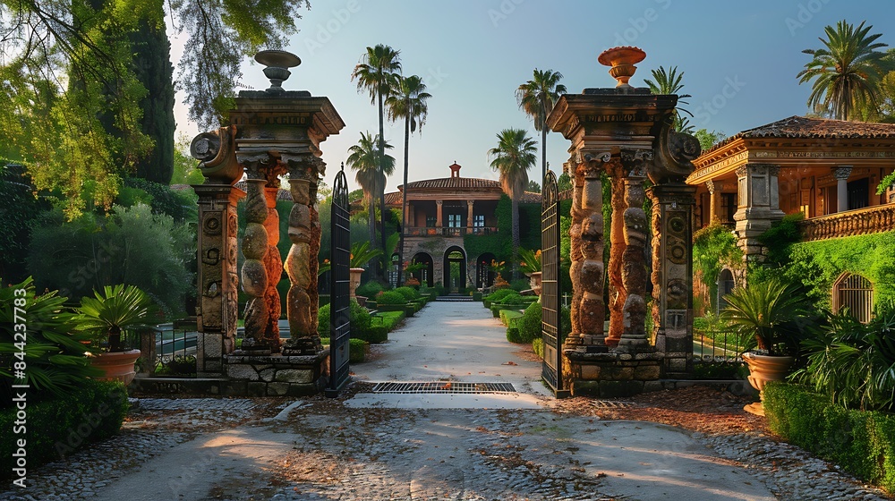 Obraz premium A serene garden pathway leading to an ornate villa flanked by decorative urns and lush foliage during golden hour