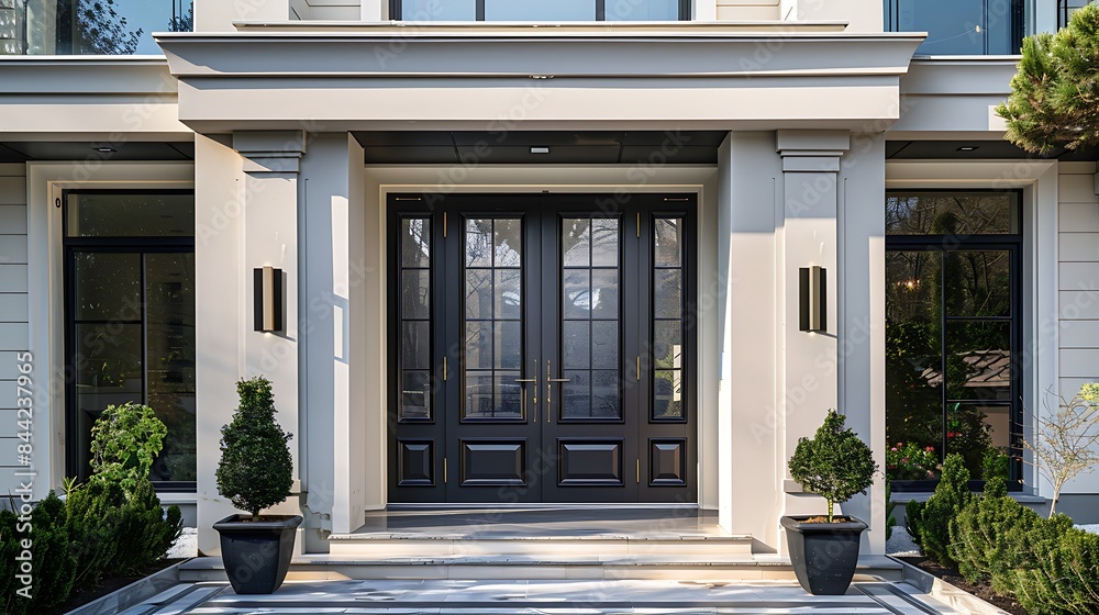 Elegant front porch of a modern luxury house with potted plants and double doors 