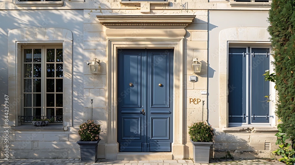 Classic European style facade with a blue door and window shutters bathed in sunlight Classic European style facade with a blue door and window shutters bathed in sunlight