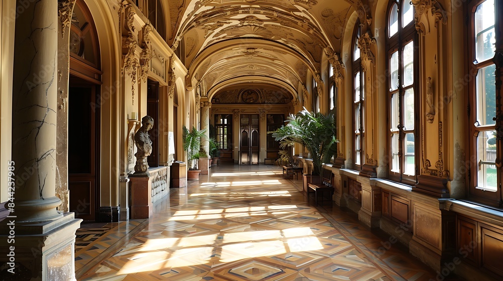 Obraz premium Elegant interior of a historic building with intricate floor design, sunlit corridor, and ornate columns.