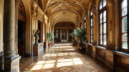 Elegant interior of a historic building with intricate floor design  sunlit corridor  and ornate columns. 