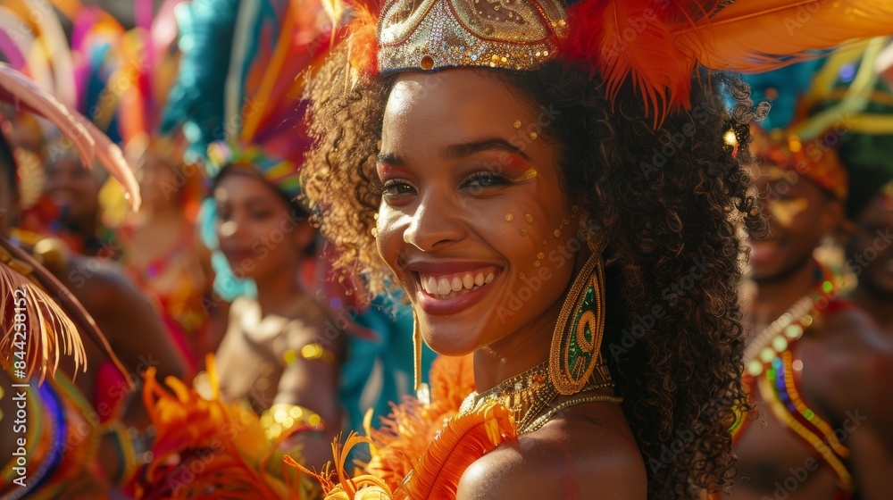 Beautiful smiling woman in colorful carnival costume with orange feathers Beautiful smiling woman in colorful carnival costume with orange feathers