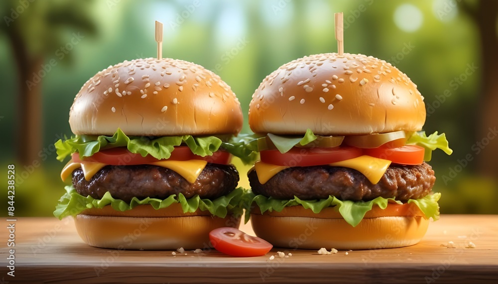 Two cheeseburgers with sesame seed buns, beef patties, cheddar cheese, lettuce , tomatoes , and other burger toppings on a wooden surface against a blurred green background Two cheeseburgers with sesame seed buns, beef patties, cheddar cheese, lettuce , tomatoes , and other burger toppings on a wooden surface against a blurred green background