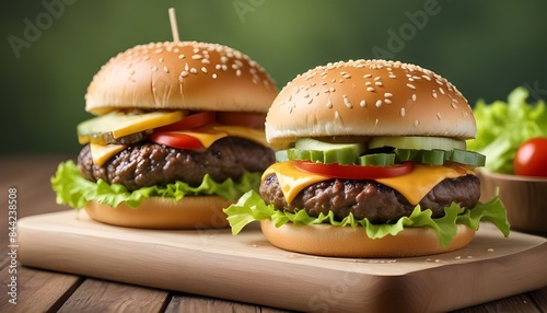 Two cheeseburgers with sesame seed buns, beef patties, cheddar cheese, lettuce , tomatoes , and other burger toppings on a wooden surface against a blurred green background