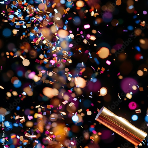 A festive New Year's Eve party scene with glittering sparkles falling from a confetti cannon, capturing the excitement and joy of the celebration, suitable for event promotions and lifestyle photograp