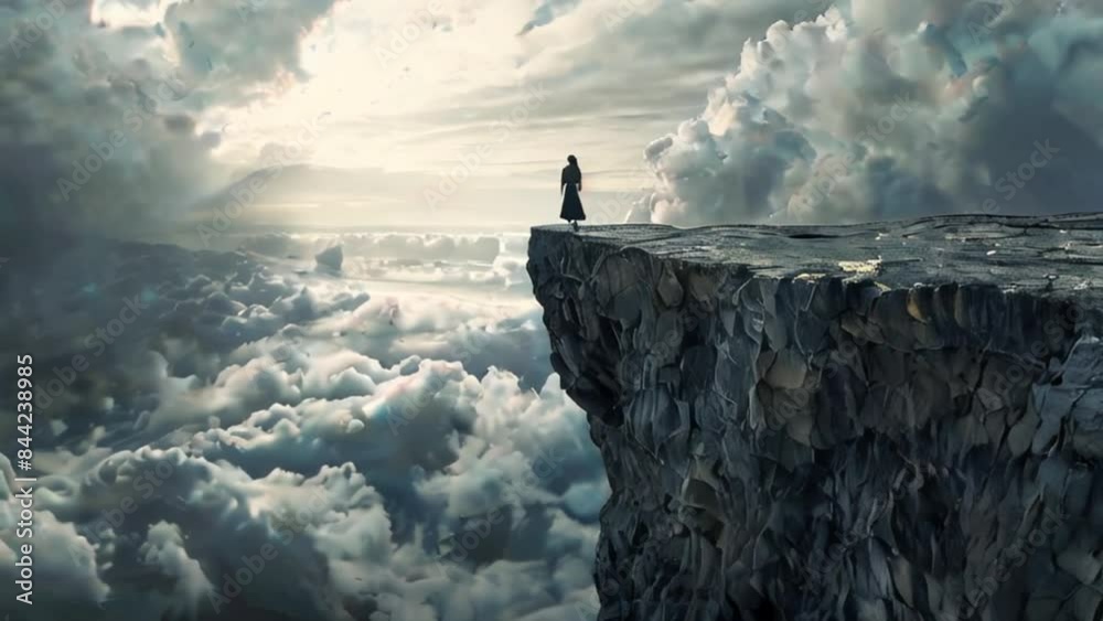 Concept Art of a Woman Standing on the Edge of a Rock Ledge With a View of a Vast Cloudy Sky