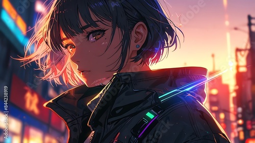 A contemporary cyberpunk anime character sporting a stylish, futuristic jacket, blending cutting-edge fashion with an edgy, sci-fi aesthetic.