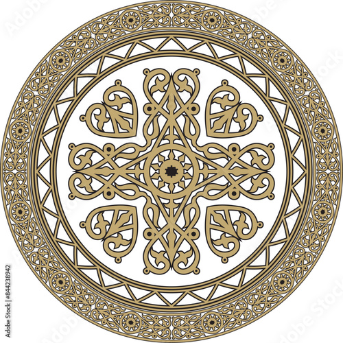 Vector gold on a black background Yakut round ornament. The circle of the ancestors of the northern peoples of the tundra. Talisman, amulet, protection symbol of longevity and infinity.