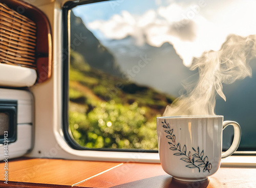 Steaming cup of coffee in a van life campervan living the slow life.