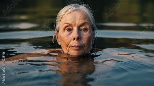An older woman gracefully swimming in a serene lake © Catalina