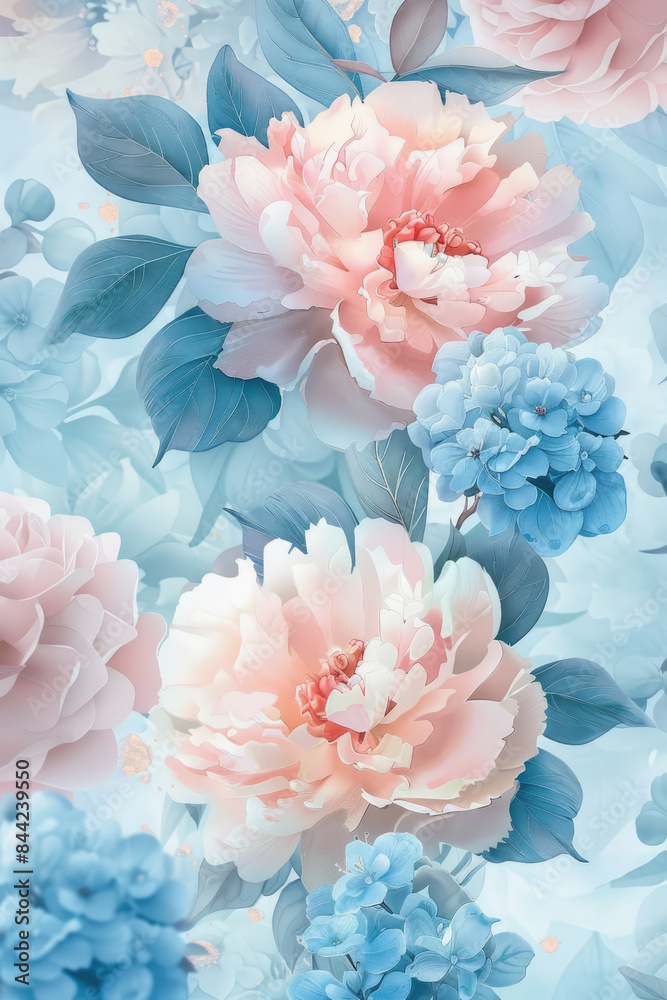 Floral Pattern with Pastel Peonies and Hydrangeas in Soft Blue and Pink Tones
