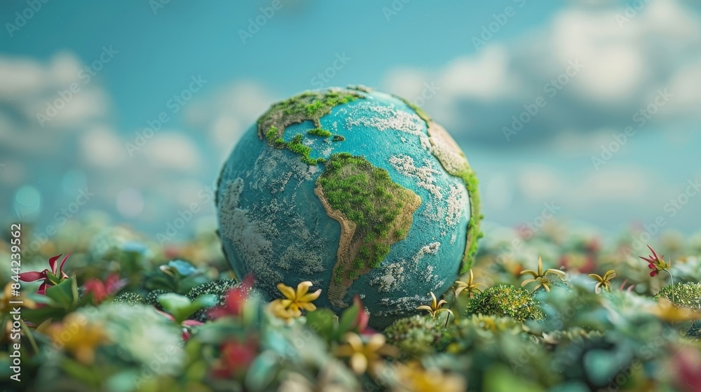A miniature Earth globe rests in a field of green grass and colorful flowers, with a blue sky and fluffy clouds in the background. A miniature Earth globe rests in a field of green grass and colorful flowers, with a blue sky and fluffy clouds in the background.