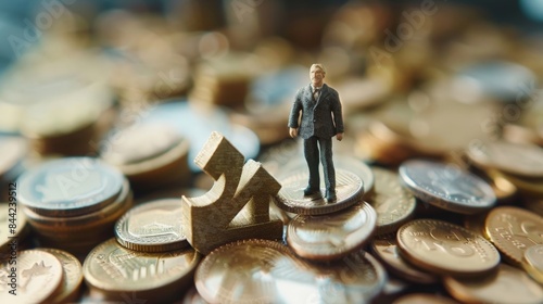 A miniature businessman stands on a gold arrow sign surrounded by a sea of coins. © INsprThDesign