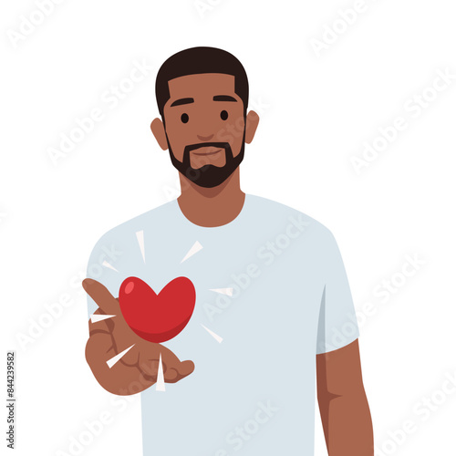 Smiling man holding a heart. Man gives a heart. Flat vector illustration isolated on white background