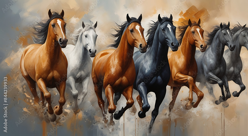 Abstract paint image of seven horses running, with paint spots and strokes. detailed Large strokes, mural, art style, vastu art, oil painting style image art
Abstract paint image of seven horses running, with paint spots and strokes. detailed Large strokes, mural, art style, vastu art, oil painting style image art