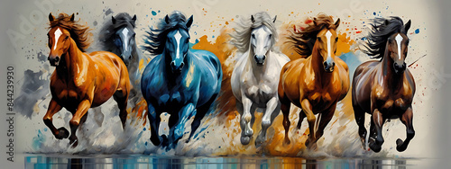 Abstract paint image of seven horses running, with paint spots and strokes. detailed Large strokes, mural, art style, vastu art, oil painting style image art
 photo
