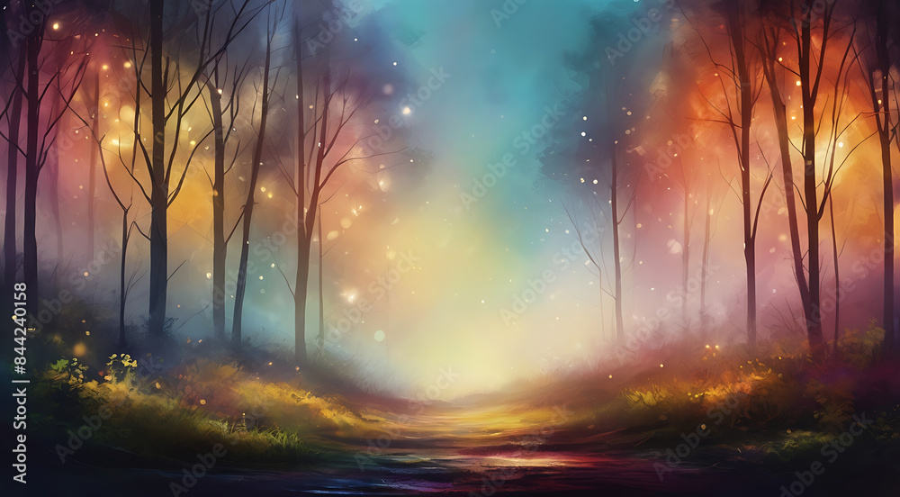 Abstract painting art style image of a forest with colorful lights and bokeh, colorful fog and lights landscape
Abstract painting art style image of a forest with colorful lights and bokeh, colorful fog and lights landscape