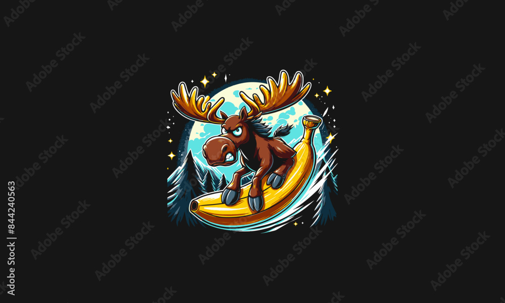 Obraz premium moose angry riding banana vector mascot design