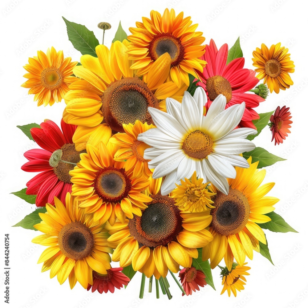 Obraz premium A bold and vibrant bouquet of sunflowers, daisies, and gerbera daisies