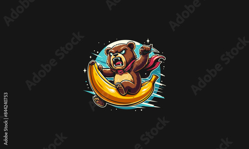 bear angry riding banana vector mascot design