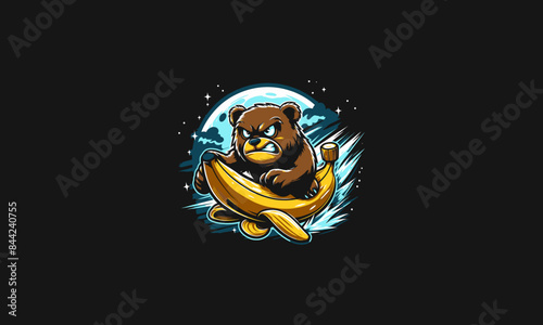 bear angry riding banana vector mascot design