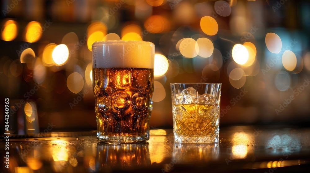 Frosted beer glass, condensation clinging to the sides, positioned next to a crystal tumbler of whiskey Frosted beer glass, condensation clinging to the sides, positioned next to a crystal tumbler of whiskey