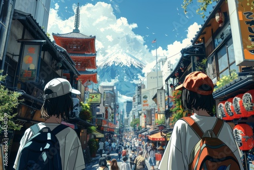 Dynamic vector illustration of two Asian girls in modern attire amidst bustling Japanese cityscape