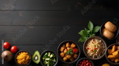 composition of various Asian food in bowl On a black wooden background. Top view. Free space for your text.