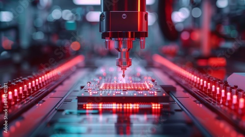 Close-up of a robotic arm assembling a circuit board on a production line.  The red lights highlight the precision of the process. photo
