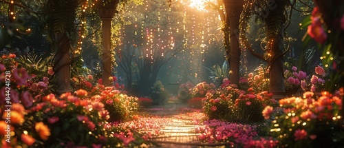Enchanted forest path with sunlight filtering through leaves and flowers blooming on either side.